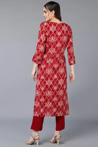 women maroon viscose rayon ethnic motifs printed straight kurta