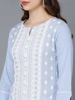 Ahika women blue poly silk ethnic motifs embroidered straight kurta 2