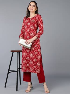 women maroon viscose rayon ethnic motifs printed straight kurta 5