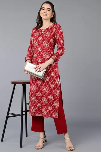 women maroon viscose rayon ethnic motifs printed straight kurta