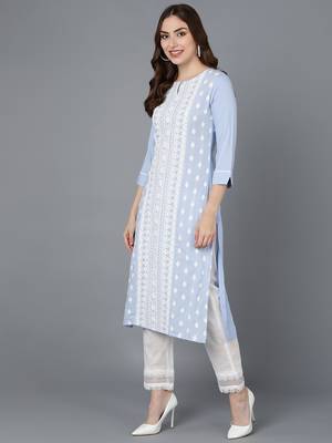 Ahika women blue poly silk ethnic motifs embroidered straight kurta 3