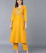 women mustard silk blend solid yoke design a-line kurta