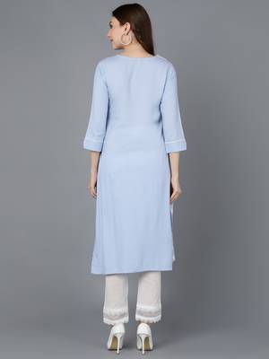 Ahika women blue poly silk ethnic motifs embroidered straight kurta 4
