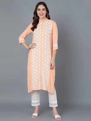 women peach polyester ethnic motifs embroidered straight kurta 1