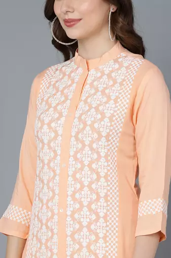 women peach polyester ethnic motifs embroidered straight kurta