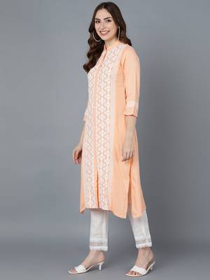 women peach polyester ethnic motifs embroidered straight kurta 3