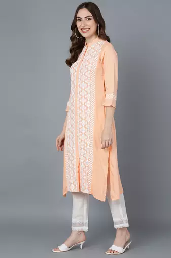 women peach polyester ethnic motifs embroidered straight kurta