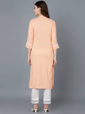 women peach polyester ethnic motifs embroidered straight kurta 4