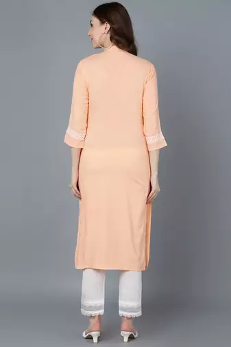 women peach polyester ethnic motifs embroidered straight kurta