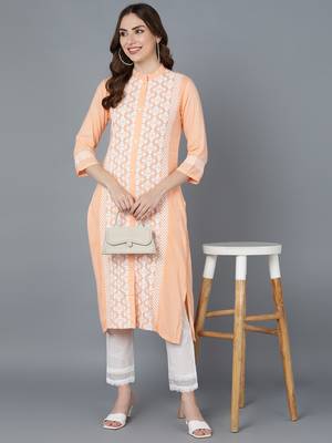 women peach polyester ethnic motifs embroidered straight kurta 5