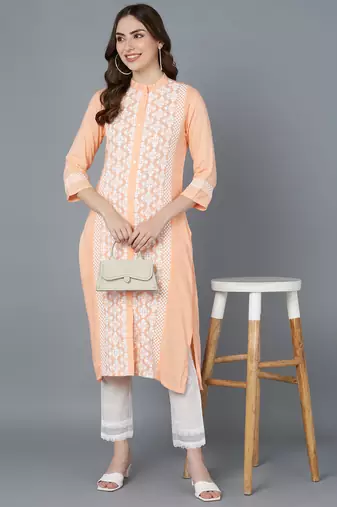 women peach polyester ethnic motifs embroidered straight kurta