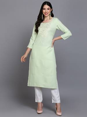 women lime green cotton blend solid embroidered straight kurta 1