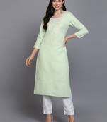 women lime green cotton blend solid embroidered straight kurta