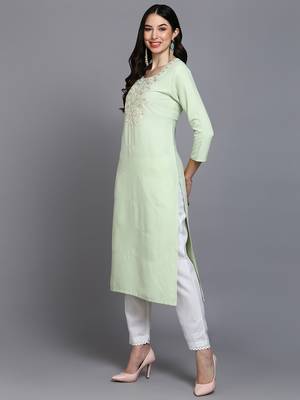 women lime green cotton blend solid embroidered straight kurta 3