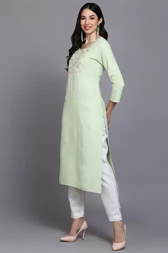 women lime green cotton blend solid embroidered straight kurta