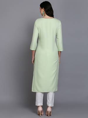 women lime green cotton blend solid embroidered straight kurta 4