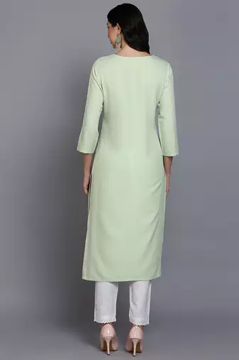 women lime green cotton blend solid embroidered straight kurta