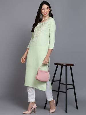 women lime green cotton blend solid embroidered straight kurta 5