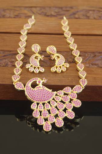 Designer gold plated cz peacock necklace set