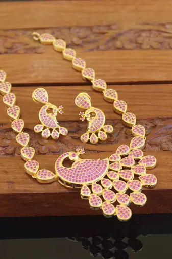 Designer gold plated cz peacock necklace set