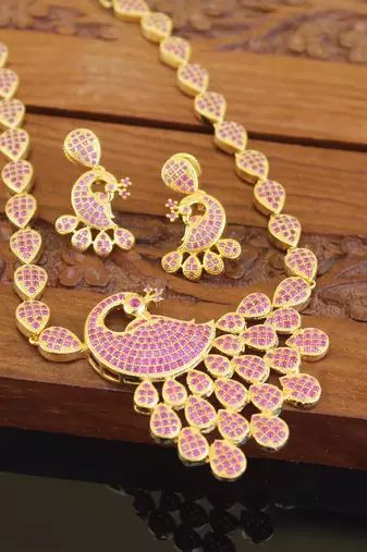Designer gold plated cz peacock necklace set
