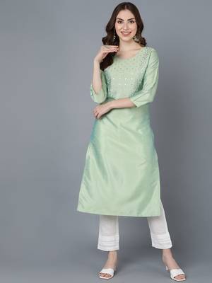 women sea green silk solid embroidered straight kurta 1