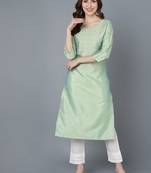women sea green silk solid embroidered straight kurta