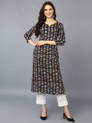 women black viscose rayon chevron printed straight kurta 1