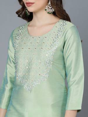 women sea green silk solid embroidered straight kurta 2