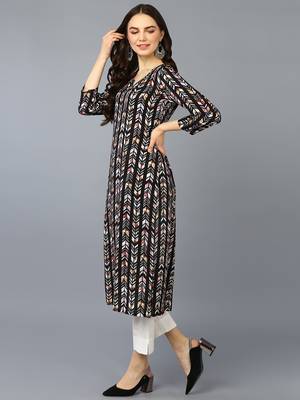 women black viscose rayon chevron printed straight kurta 3