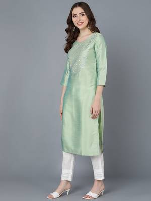 women sea green silk solid embroidered straight kurta 3