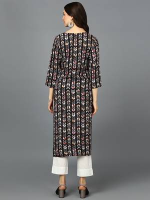 women black viscose rayon chevron printed straight kurta 4