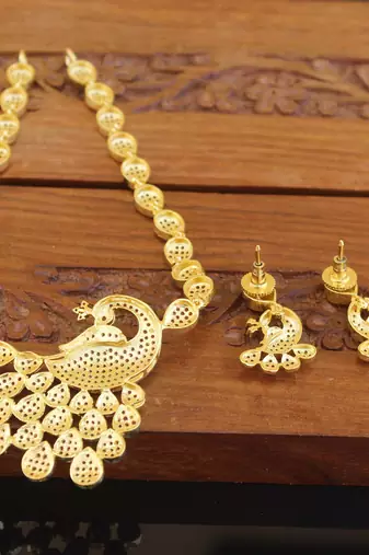 Designer gold plated cz peacock necklace set