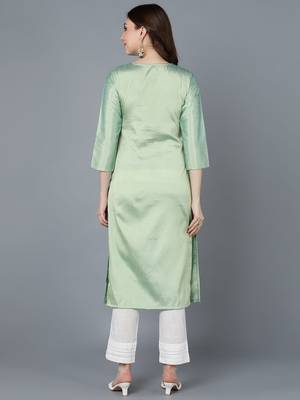 women sea green silk solid embroidered straight kurta 4