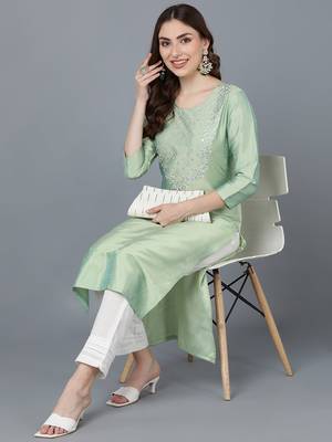 women sea green silk solid embroidered straight kurta 5