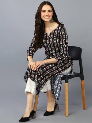 women black viscose rayon chevron printed straight kurta 5