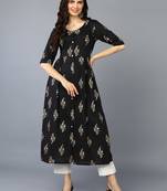 women black cotton floral printed a-line kurta
