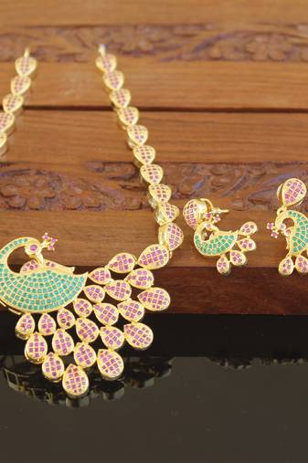 Designer gold plated cz peacock necklace set