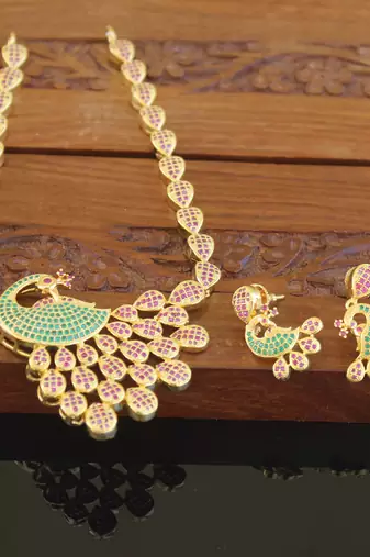 Designer gold plated cz peacock necklace set