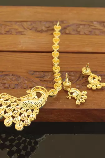 Designer gold plated cz peacock necklace set