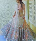Attractive Multicolored Cotton Thread Embroidered with paper mirror work net fabric Designer Lehenga choli designs