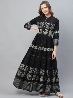 women black cotton ethnic motifs printed a-line kurta 1