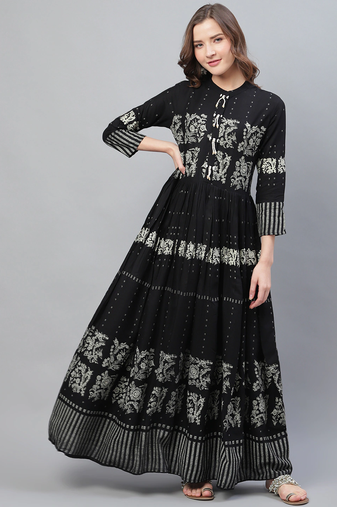 women black cotton ethnic motifs printed a-line kurta