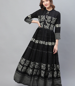 women black cotton ethnic motifs printed a-line kurta