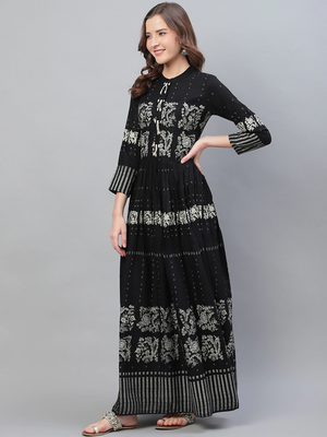 women black cotton ethnic motifs printed a-line kurta 3