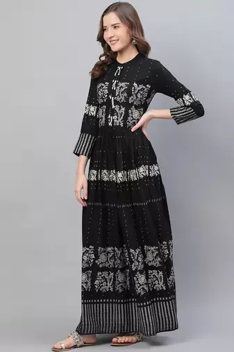 women black cotton ethnic motifs printed a-line kurta