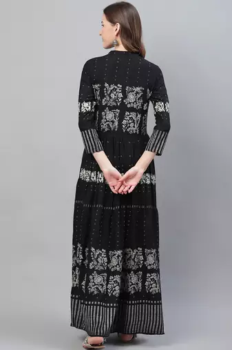 women black cotton ethnic motifs printed a-line kurta