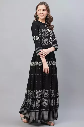women black cotton ethnic motifs printed a-line kurta