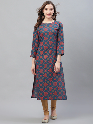 women navy blue cotton ethnic motifs printed straight kurta 1