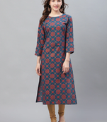 women navy blue cotton ethnic motifs printed straight kurta
